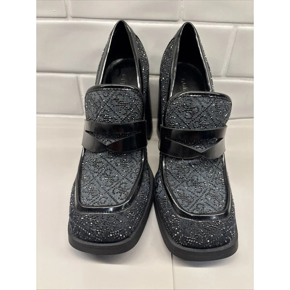 GUESS‎ Women’s Heeled Sparkly Chunky Loafer Size 9M Y2K Vibe EUC Black Glitter